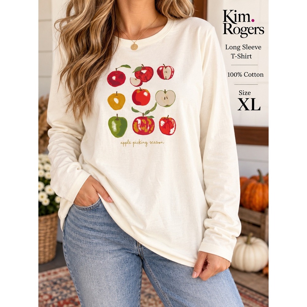 Kim Rogers Apple Picking Season Long Sleeve T-Shirt Ivory Cream Cotton XL NWT